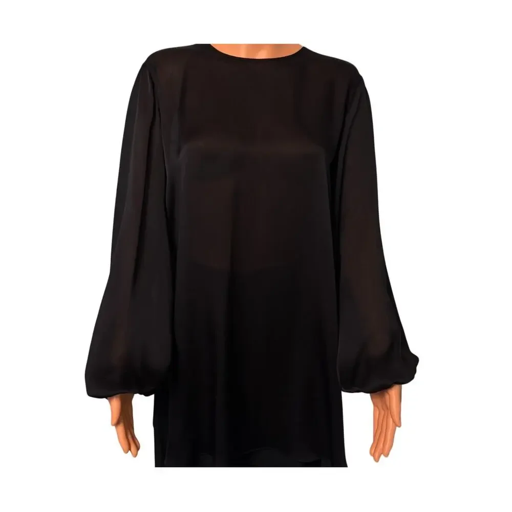 The Row Silk Sheer Tunic Top XS Black Open Back w/ Ties Bishop Sleeves Hi-Low